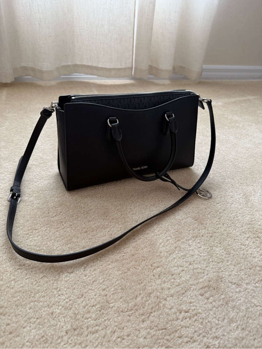 Michael Kors Arden Medium Black Leather Satchel Crossbody NWOT